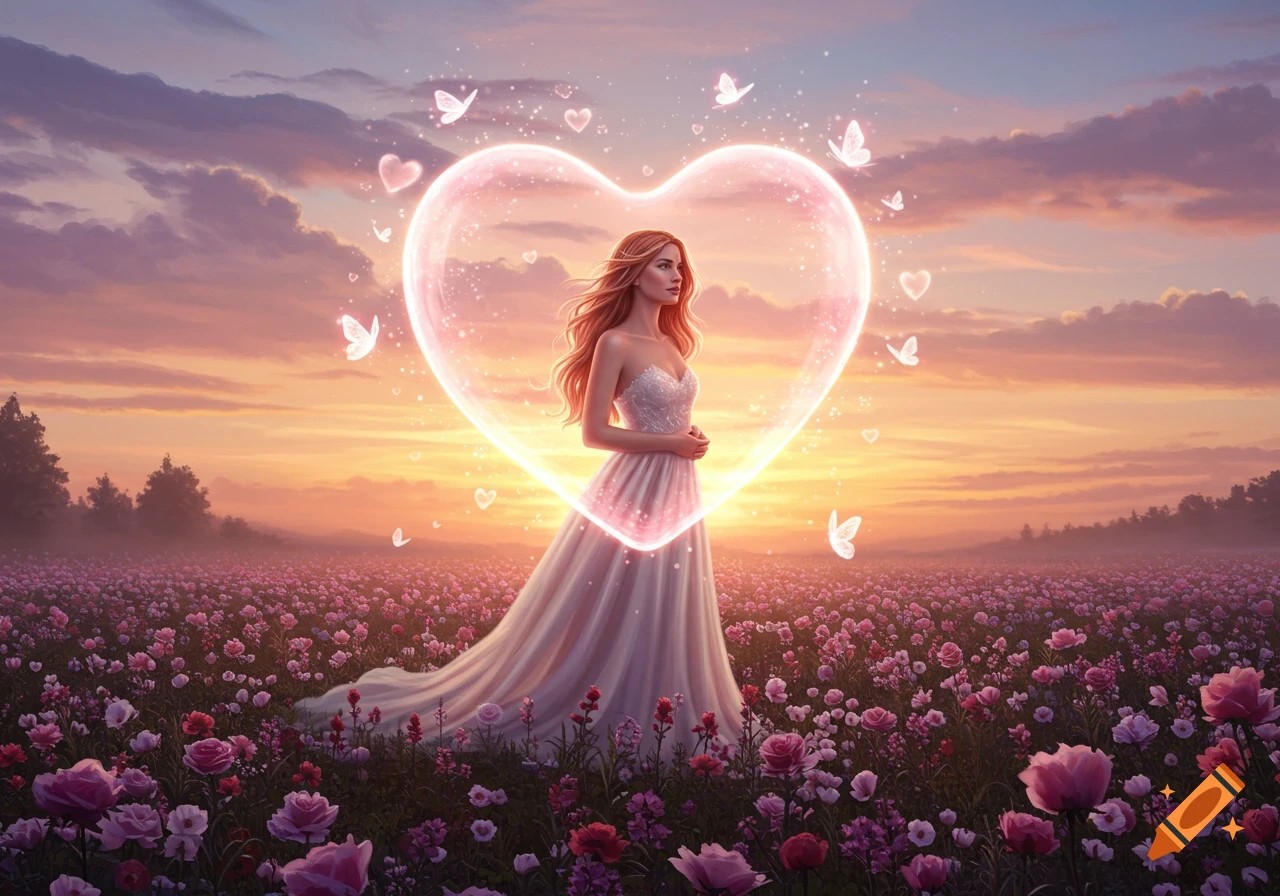 A woman in a white dress stands in a field of pink flowers at sunset, surrounded by a glowing heart and butterflies.