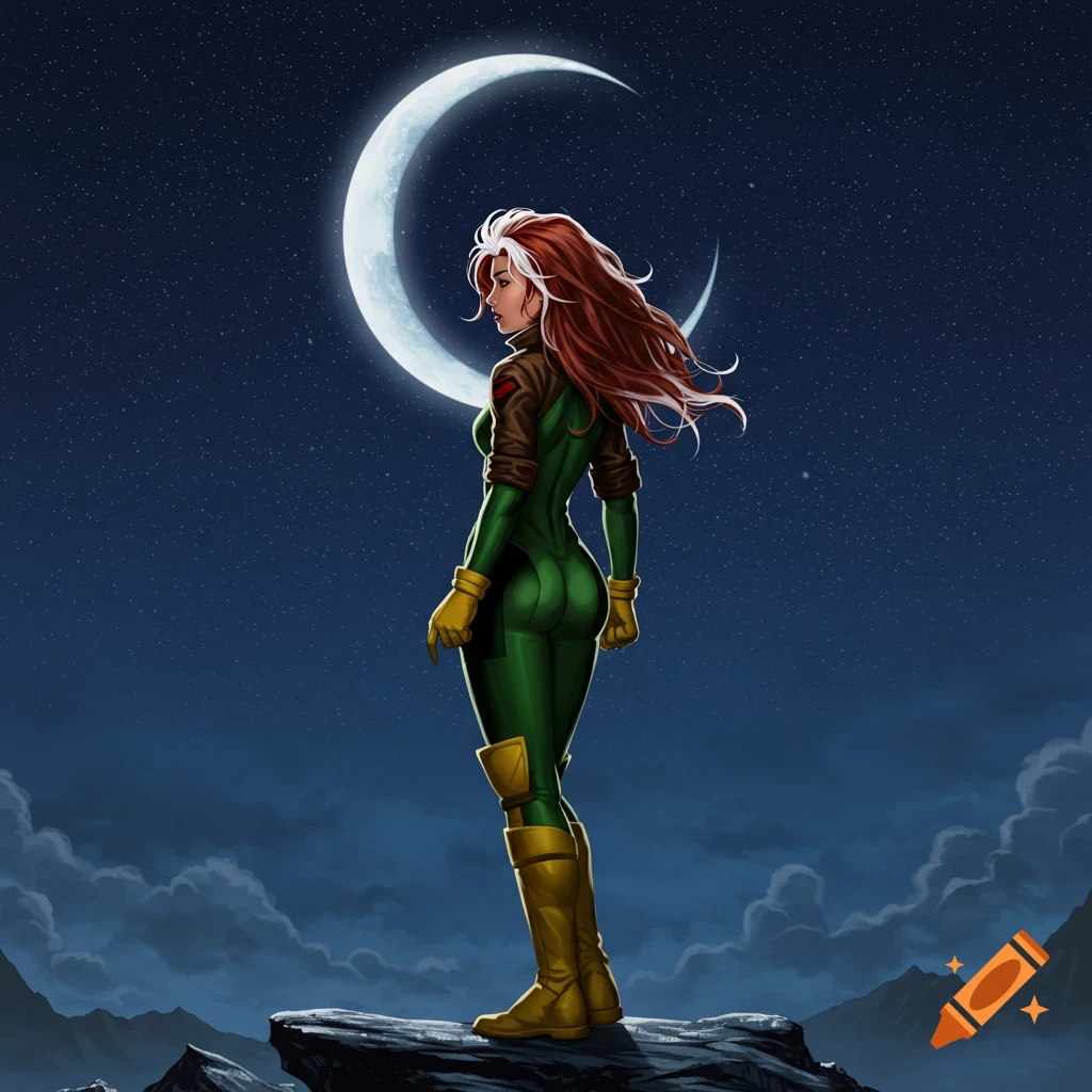 Rogue from X-Men stands on a rocky outcrop under a crescent moon, looking over her shoulder. Comic art style.