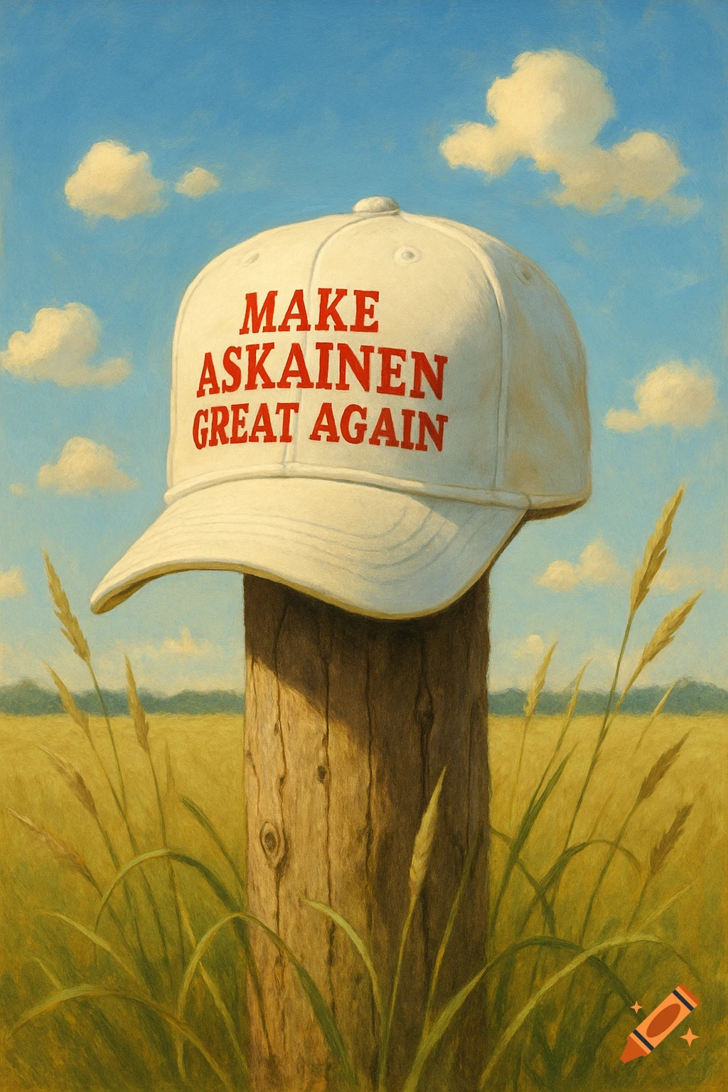 A white baseball cap with red text 'MAKE ASKAINEN GREAT AGAIN' rests on a wooden post in a sunny golden field, rendered in a painting style.