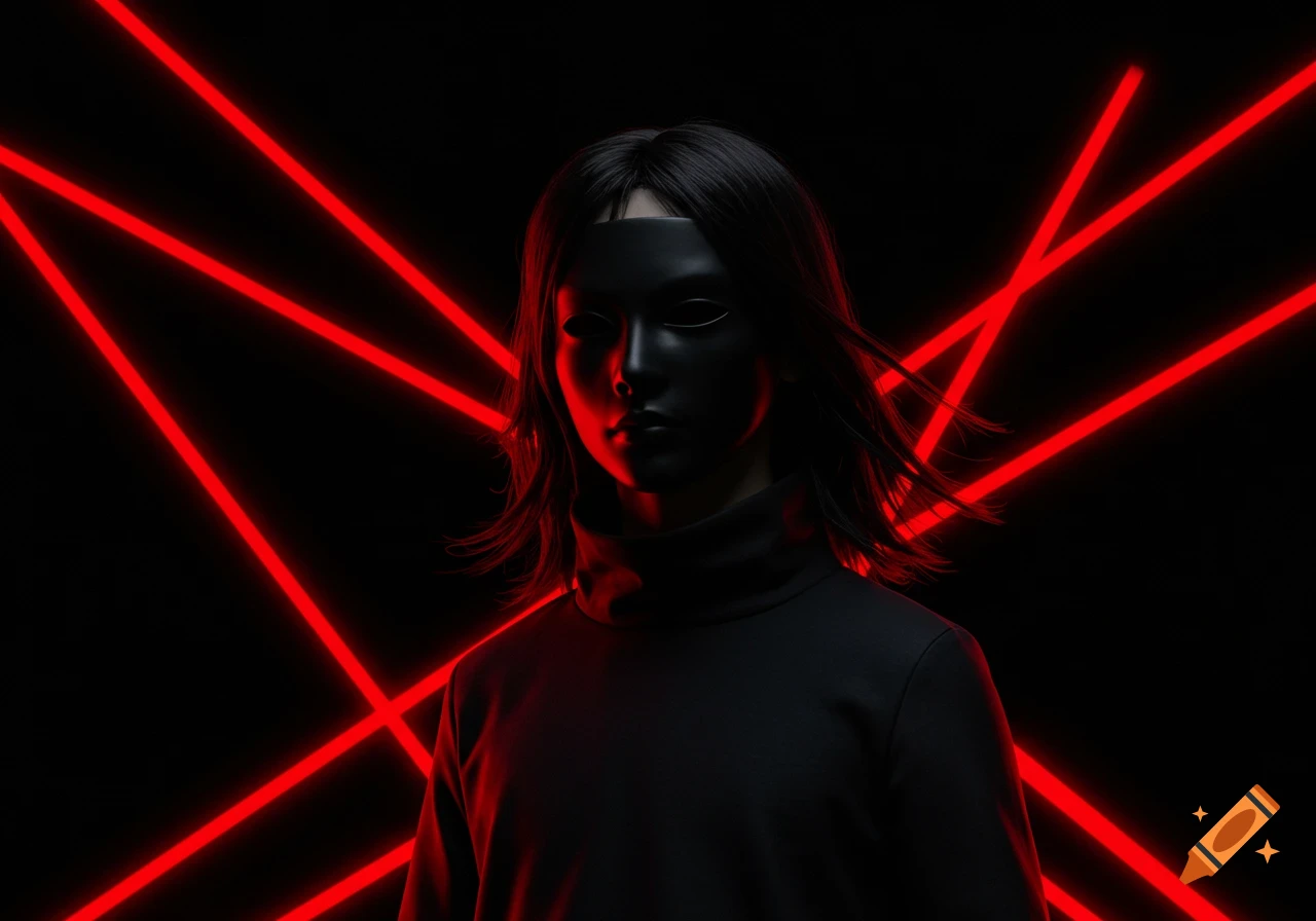 Portrait of a person in a black mask and turtleneck with long hair against a dark background with red laser beams.