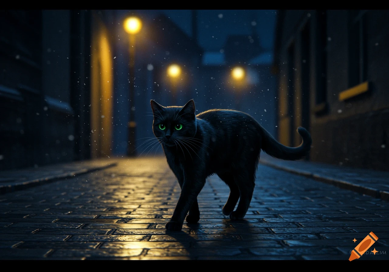 A black cat with glowing green eyes walks on a wet cobblestone street at night, with streetlights and falling snow.