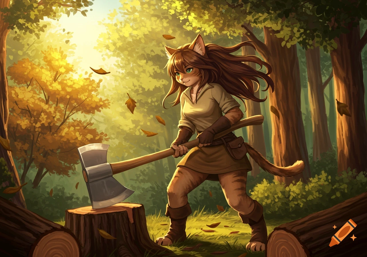 Anime-style catgirl lumberjack holding an axe in an autumn forest.