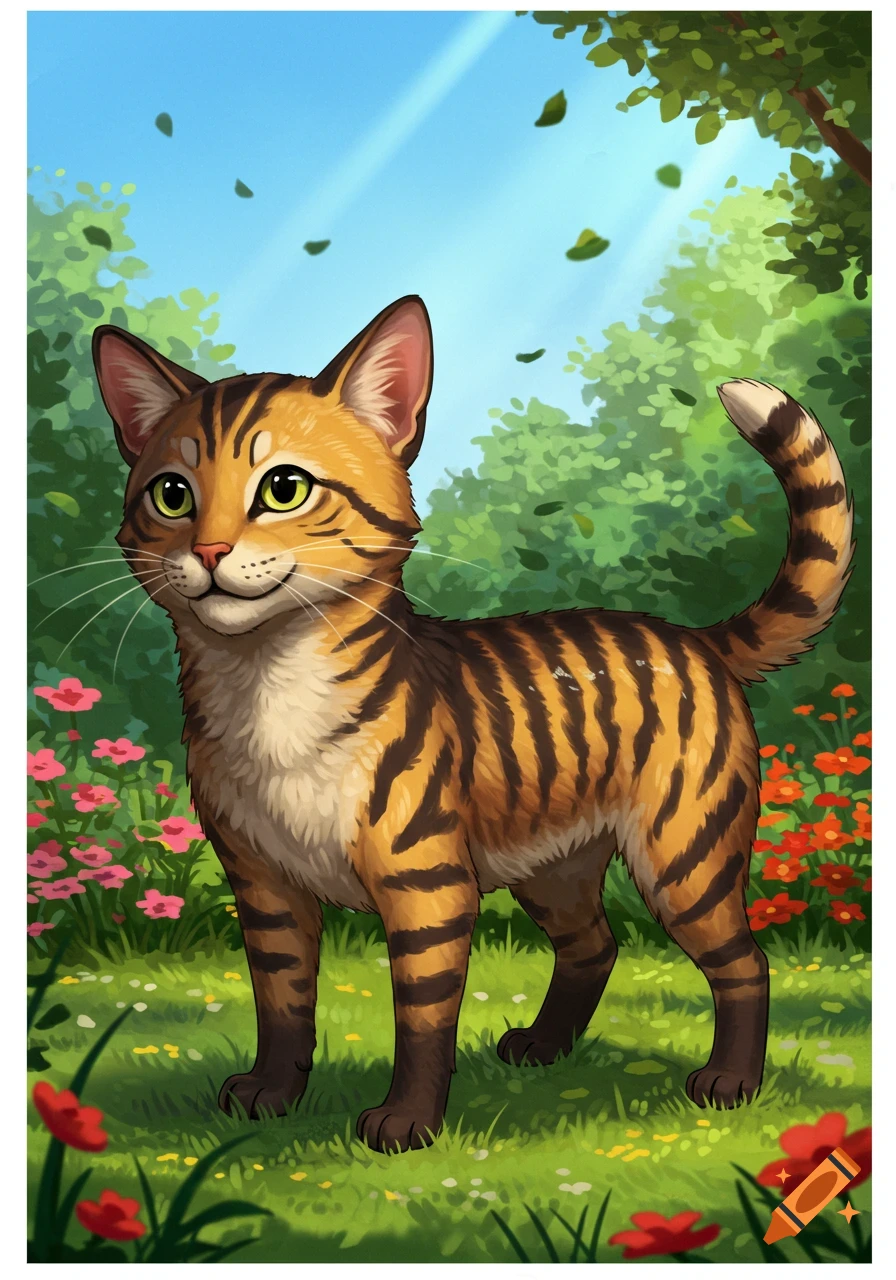 An illustrative tiger-striped cat with green eyes stands in a vibrant grassy garden with pink and red flowers under a blue sky.