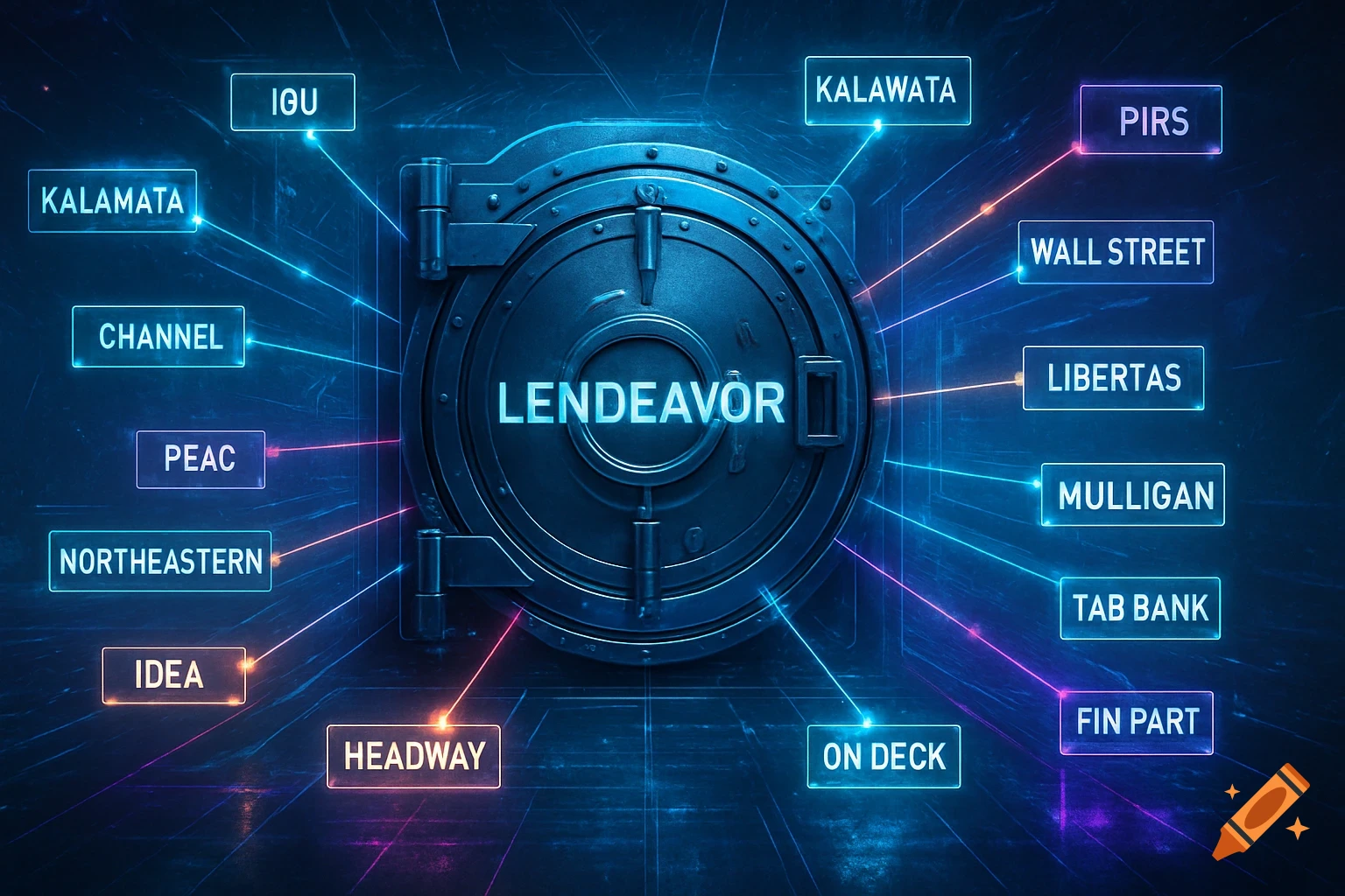 A futuristic vault with 'LENDEAVOR' on its door, surrounded by glowing boxes with lender names connected by neon lines on a dark, digital background.