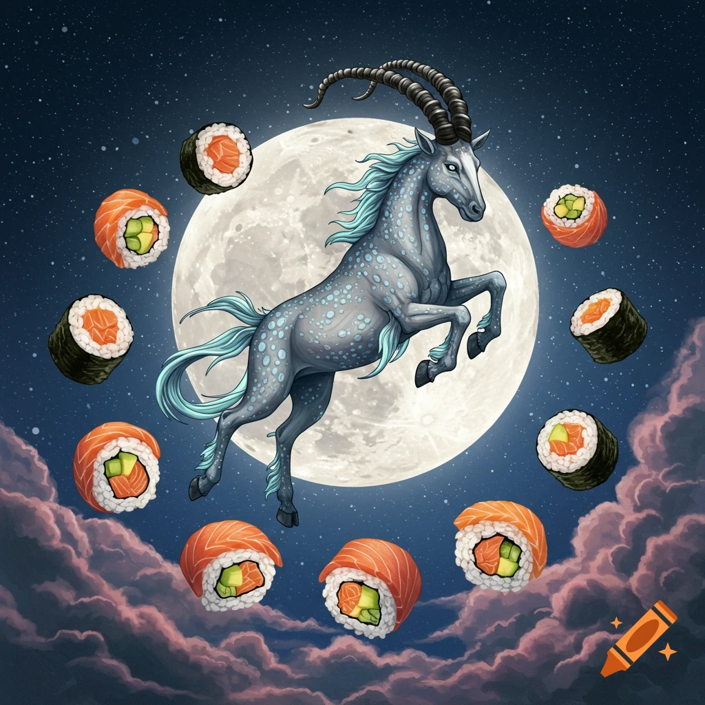 A blue-gray mythical creature, resembling a Capricorn, leaps before a full moon, surrounded by sushi rolls in a starry night sky.