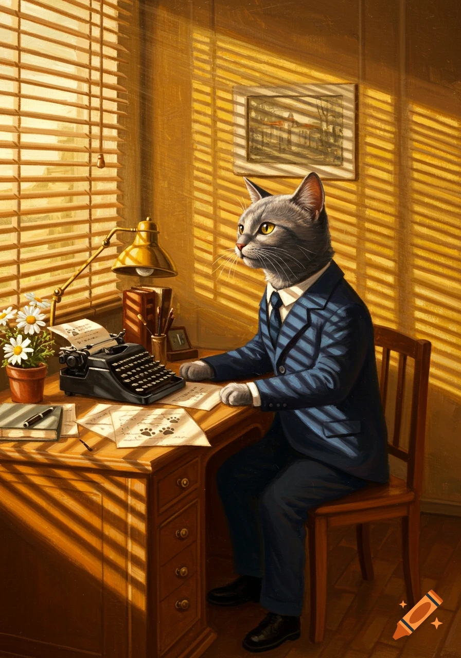 A grey cat in a business suit sits at an office desk with a typewriter, bathed in warm impressionistic light.