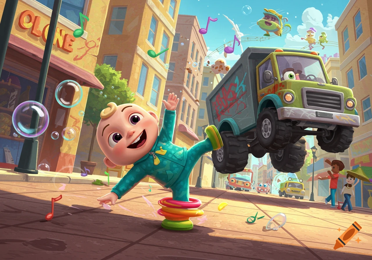 A joyful Cocomelon-style baby dances on a slinky in a bright cartoon city street, with a flying green monster truck and musical notes.