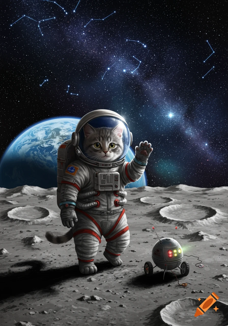 A cute gray tabby cat in a white astronaut suit waves on the moon, with Earth and stars in the background, beside a small rover.
