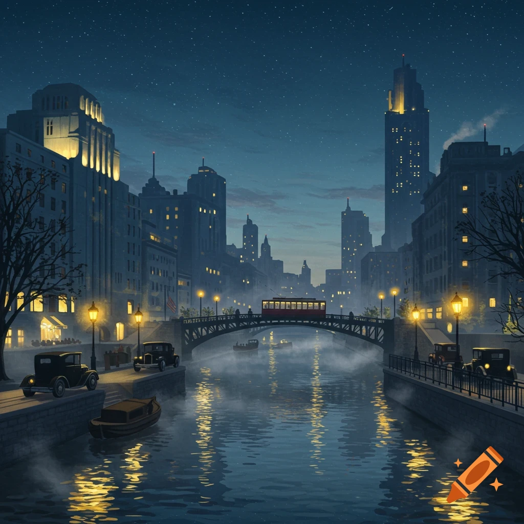 An atmospheric illustration of a 1920s city at night with a river, bridge, tram, classic cars, and glowing buildings under a starry sky.