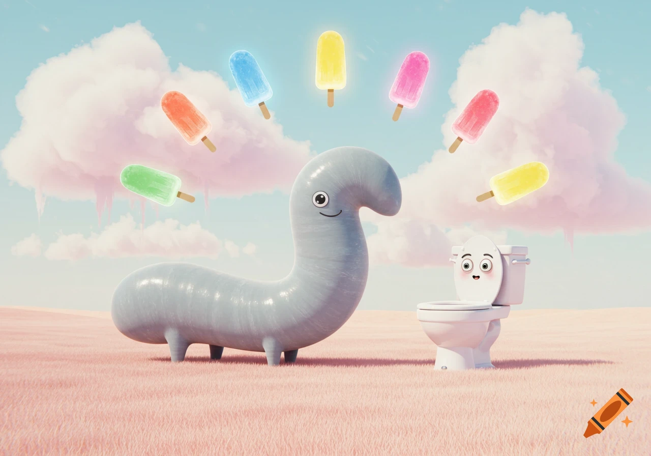 A whimsical gray slug-like creature and a smiling toilet in a pink grassy field under a blue sky, surrounded by floating popsicles.