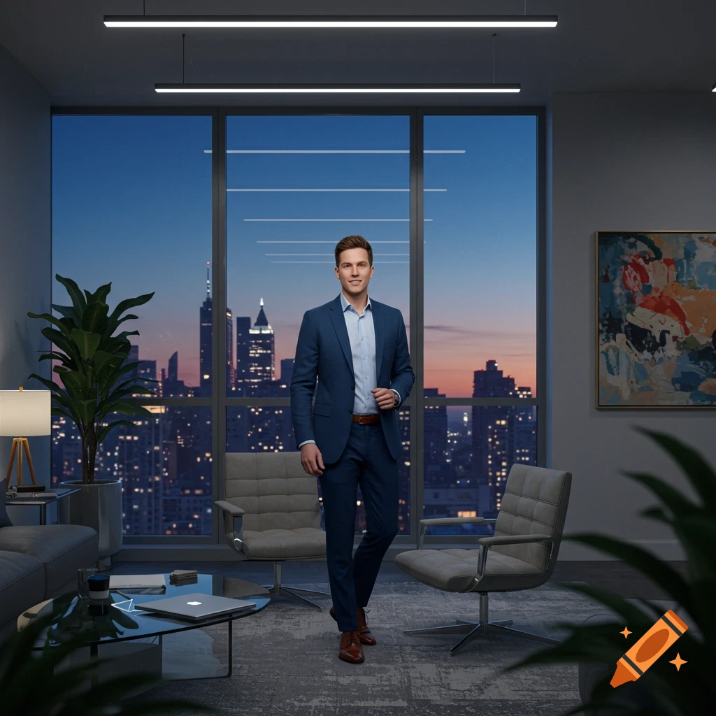 A man in a blue suit stands smiling in a modern office with a city skyline view at dusk, photorealistic.