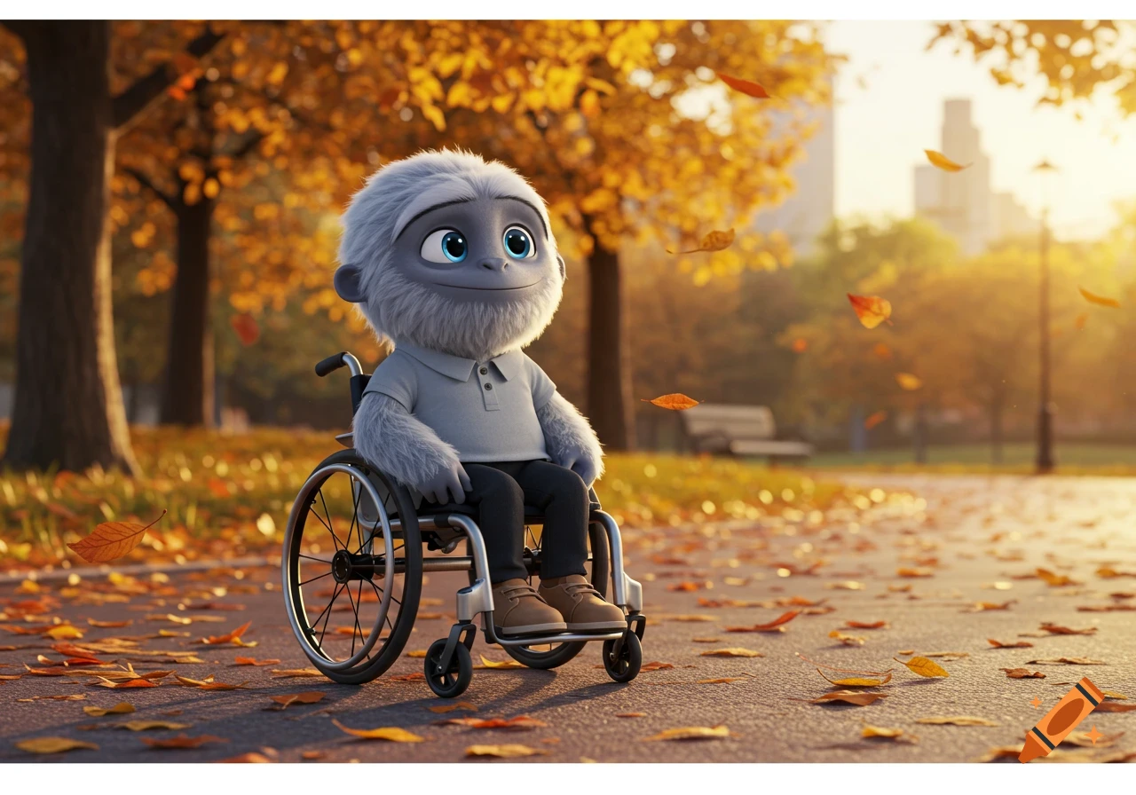 A cute, grey yeti in a sporty wheelchair smiles in a sunny autumn park with golden trees and falling leaves, 3D animated.