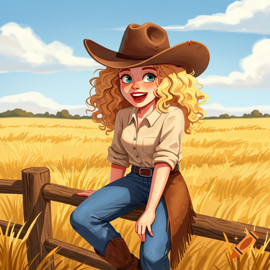 Smiling cartoon cowgirl with curly blonde hair and a cowboy hat sitting on a wooden fence in a golden field under a blue sky.