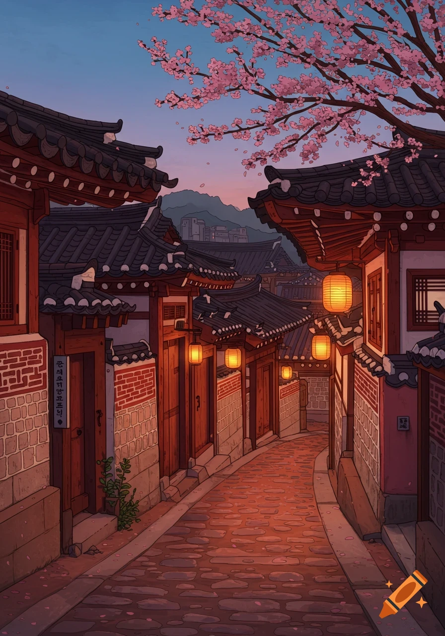 An anime-style illustration of a narrow traditional Korean alleyway with red-roofed buildings, glowing lanterns, and cherry blossoms at dusk.