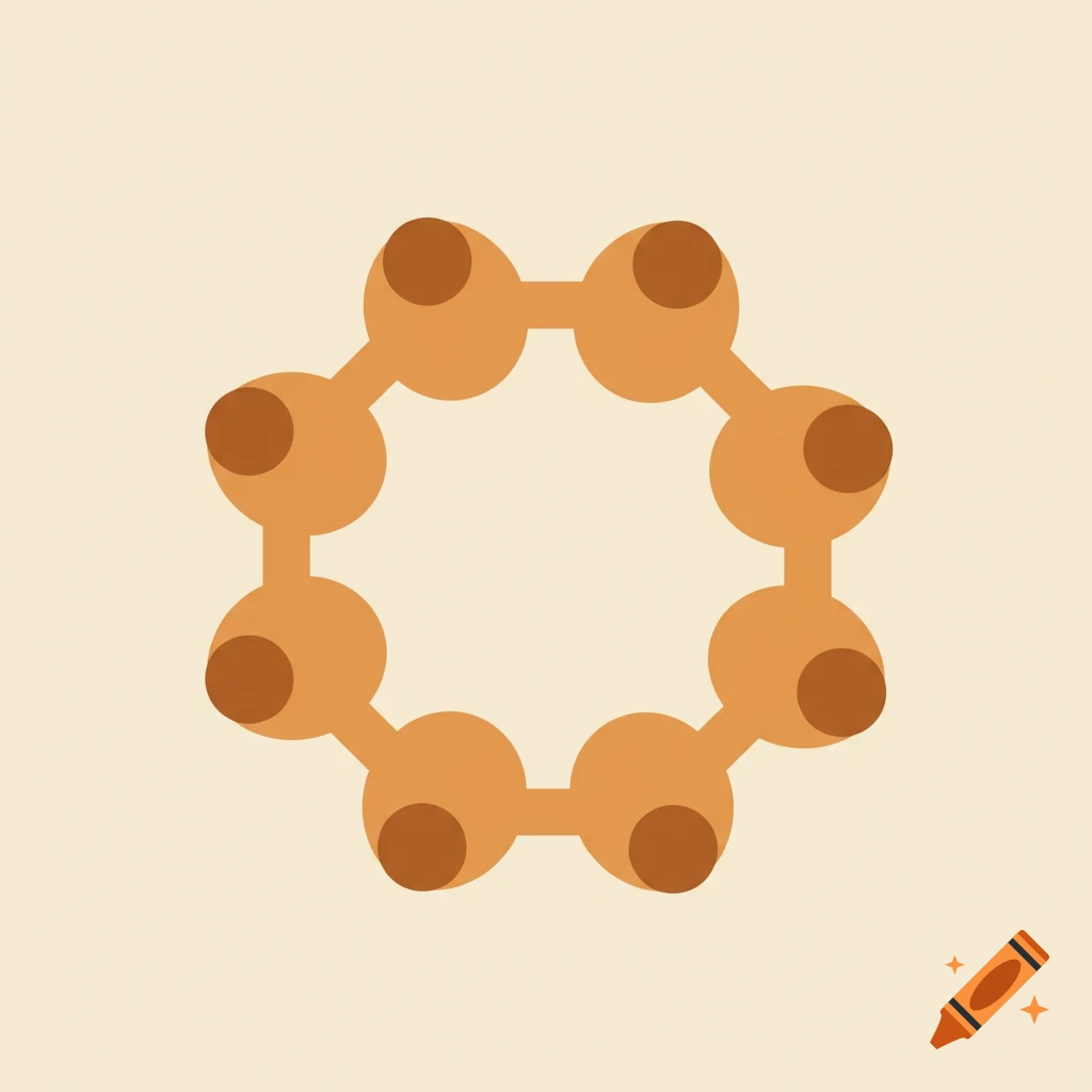 Abstract illustration of orange and brown interconnected circular shapes forming a ring on a cream background.