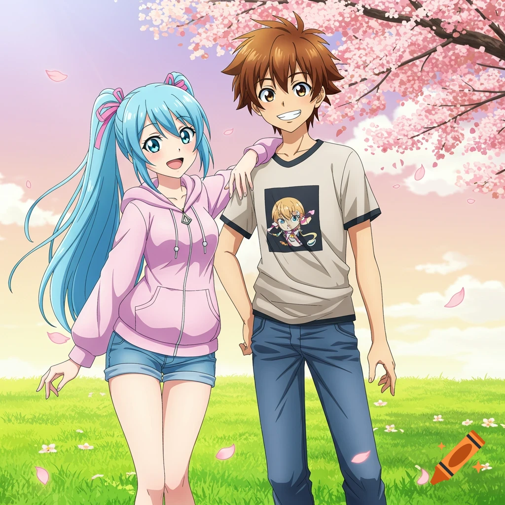 Two smiling anime friends, a male and a female, stand together in a grassy field under blooming cherry blossom trees.