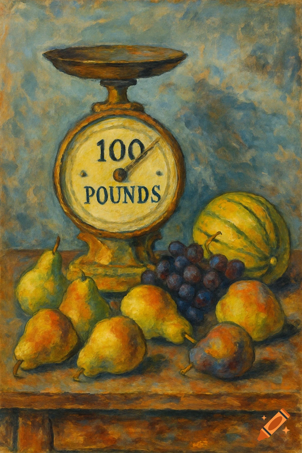 Cézanne-style still life painting featuring a brass scale displaying "100 POUNDS", surrounded by pears, grapes, and a melon.