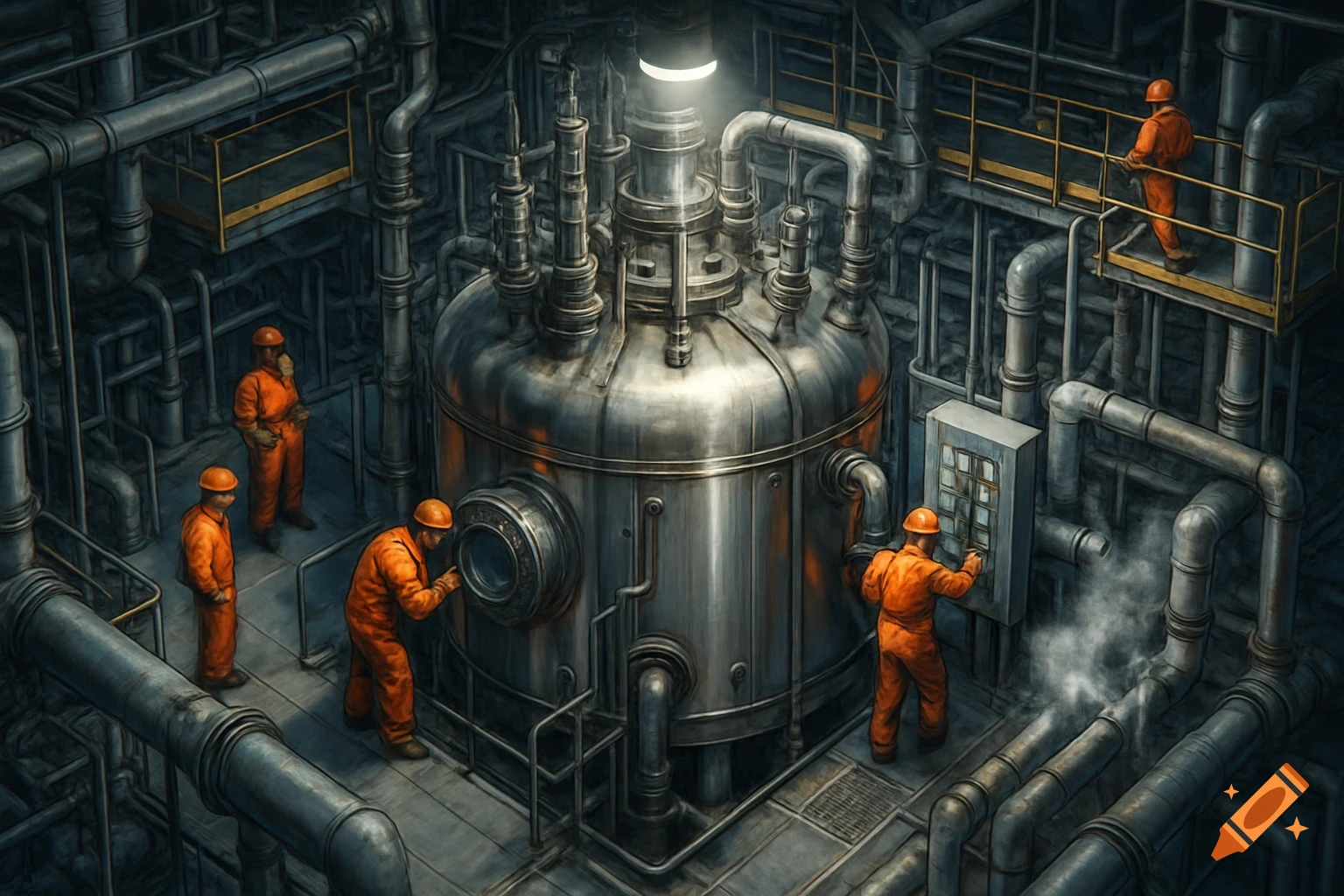 Workers in orange jumpsuits operating a large batch reactor in a detailed industrial facility with pipes and steam.