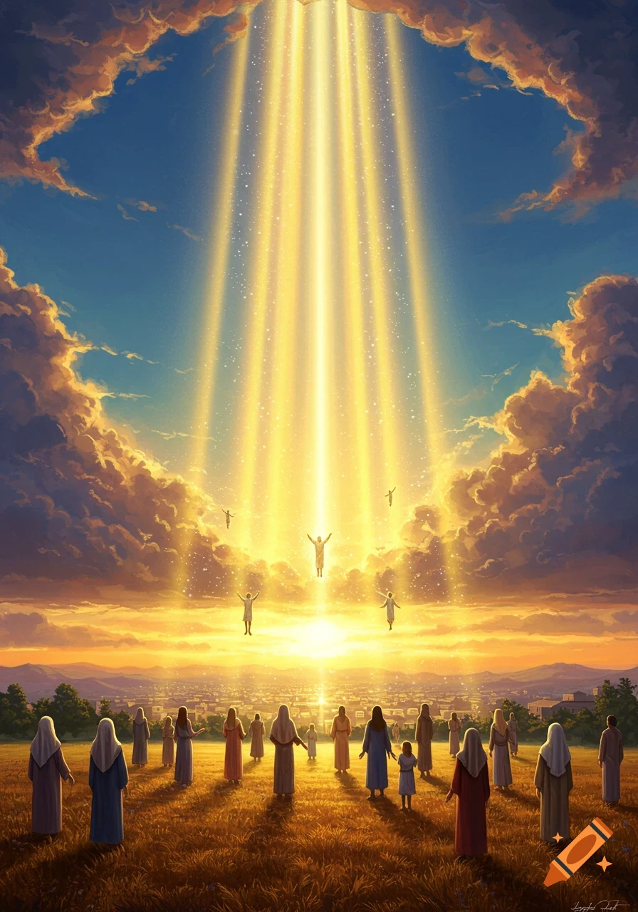 People in robes stand in a field at sunset, looking up as figures ascend into bright golden light beams from a dramatic, cloud-filled sky.
