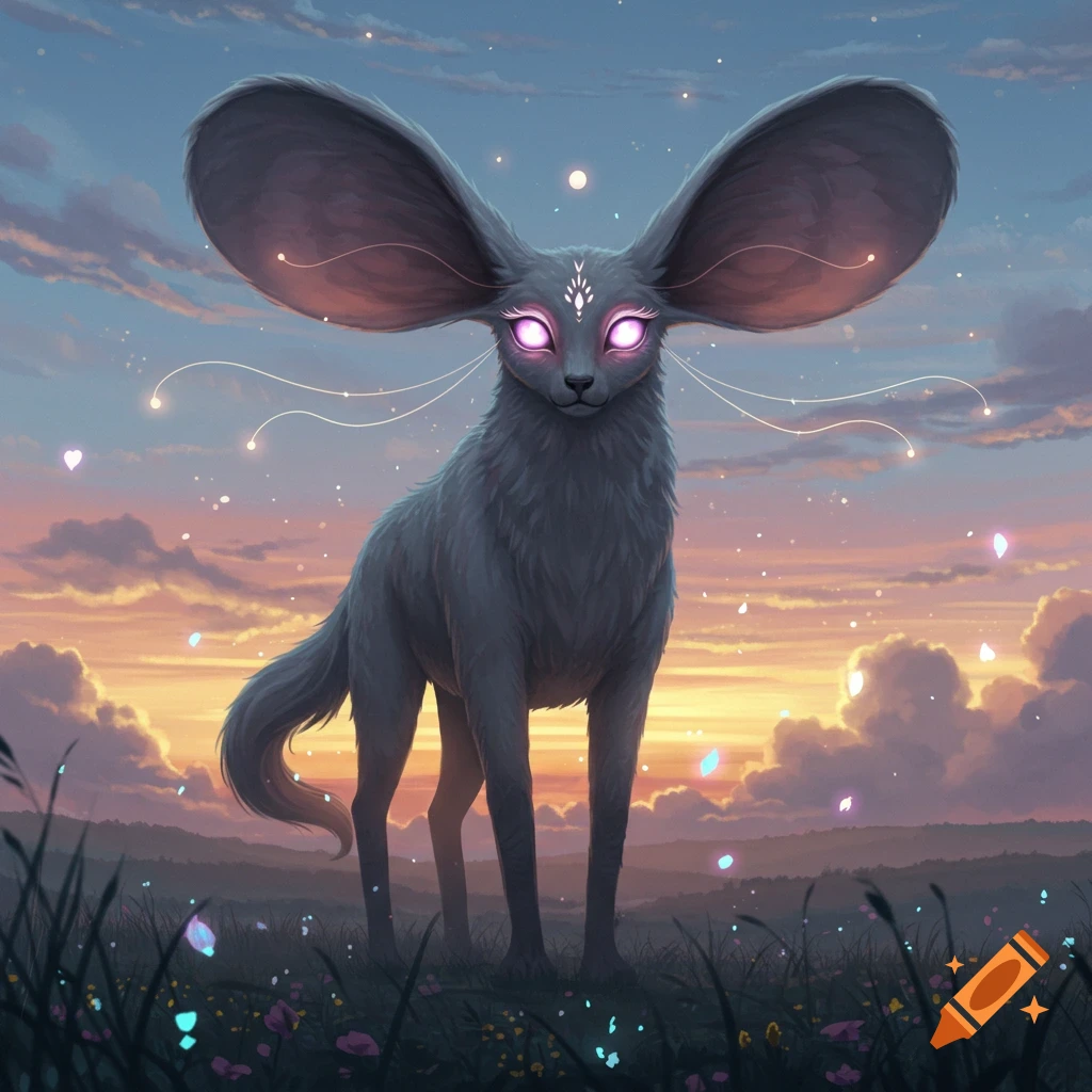 A grey, long-legged, big-eared fantasy creature with glowing purple eyes stands in a grassy field at sunset, surrounded by magical light trails.