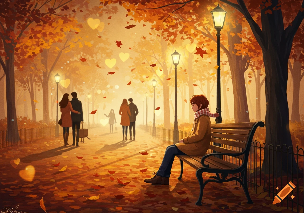 Anime illustration of a solitary person on a park bench in an autumn park, surrounded by falling leaves and couples.