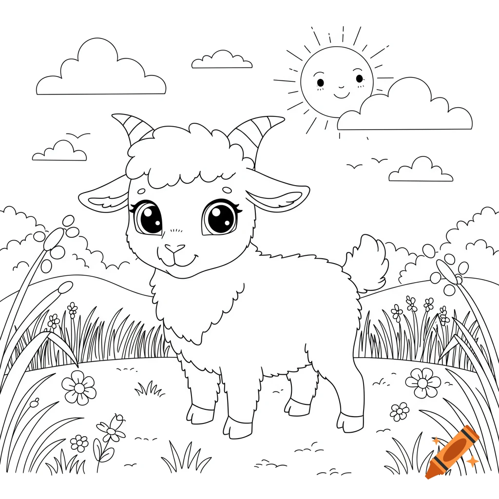 A cute, cartoon-style line drawing of a baby goat standing in a field under a smiling sun, like a coloring book page.