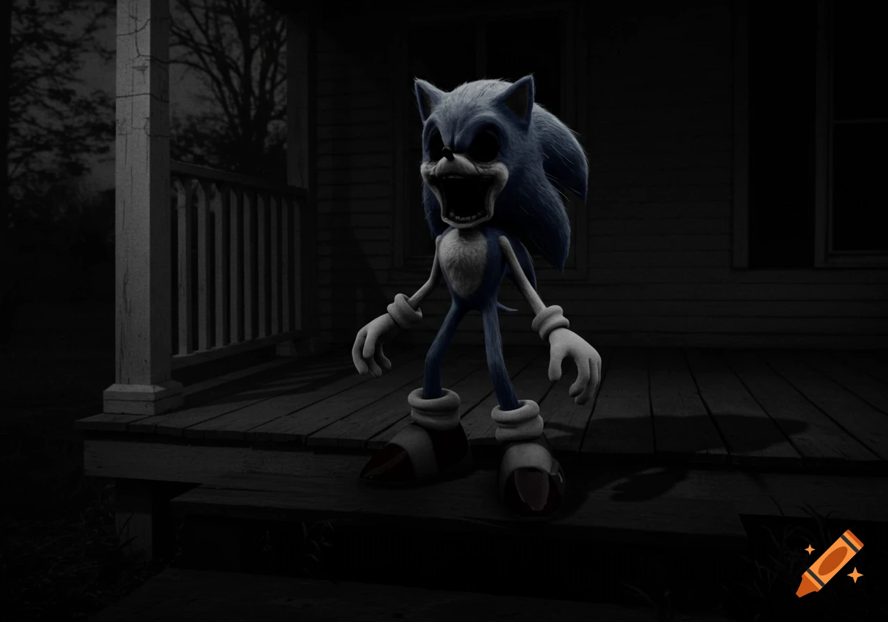 A gaunt, screaming Sonic the Hedgehog on a dark porch, viewed as if through a black and white CCTV camera.