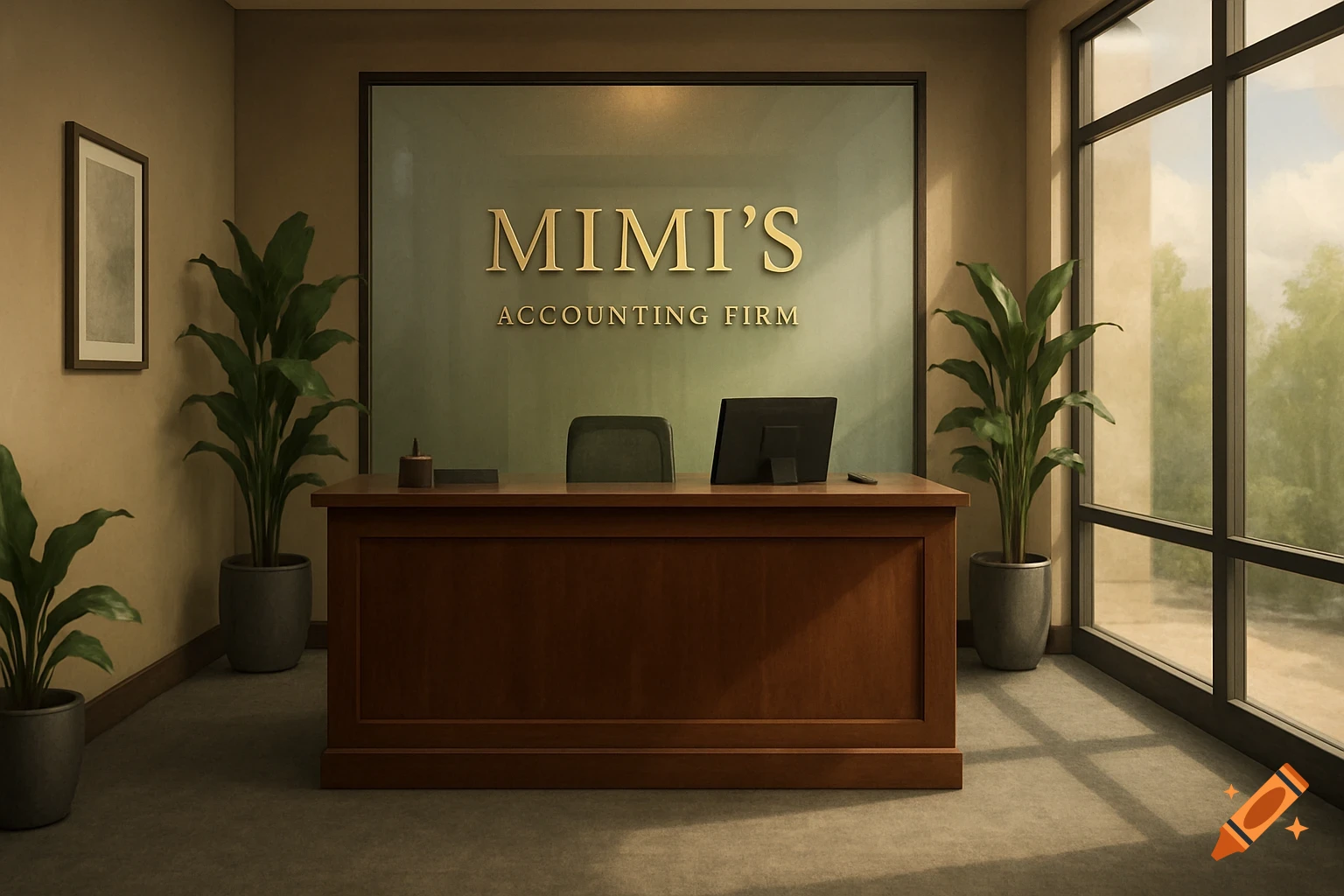 A photorealistic reception area with a wooden desk, plants, large windows, and a 'MIMI'S ACCOUNTING FIRM' sign.