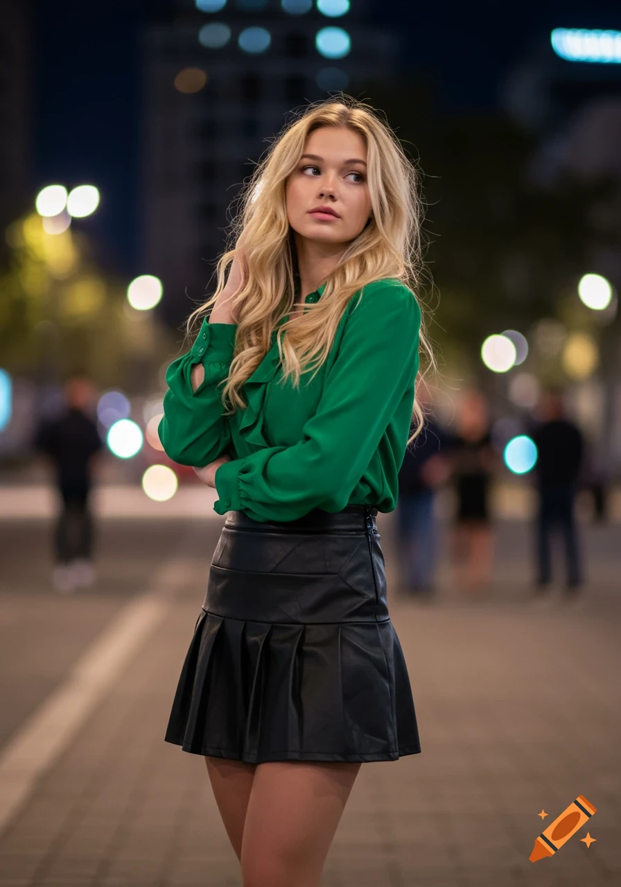 Blonde woman in a green blouse and black leather skirt standing outdoors at night with blurred city lights in the background.