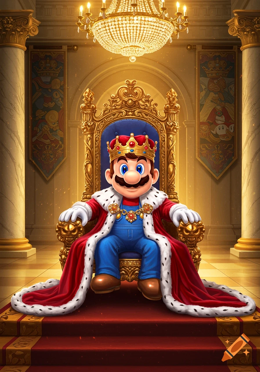 Mario, wearing a gold crown and a red and white royal cape, sits on a gilded throne in a grand hall.
