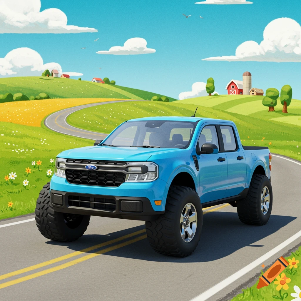 A blue cartoon Ford Maverick pickup truck with large wheels on a winding road through green hills with a farm and white clouds.