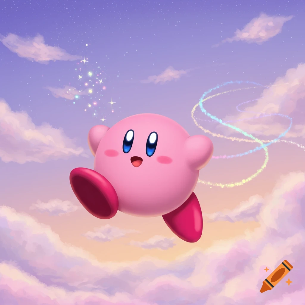 Kirby, a pink spherical character, floats happily in a pastel sky with fluffy clouds and sparkling trails.