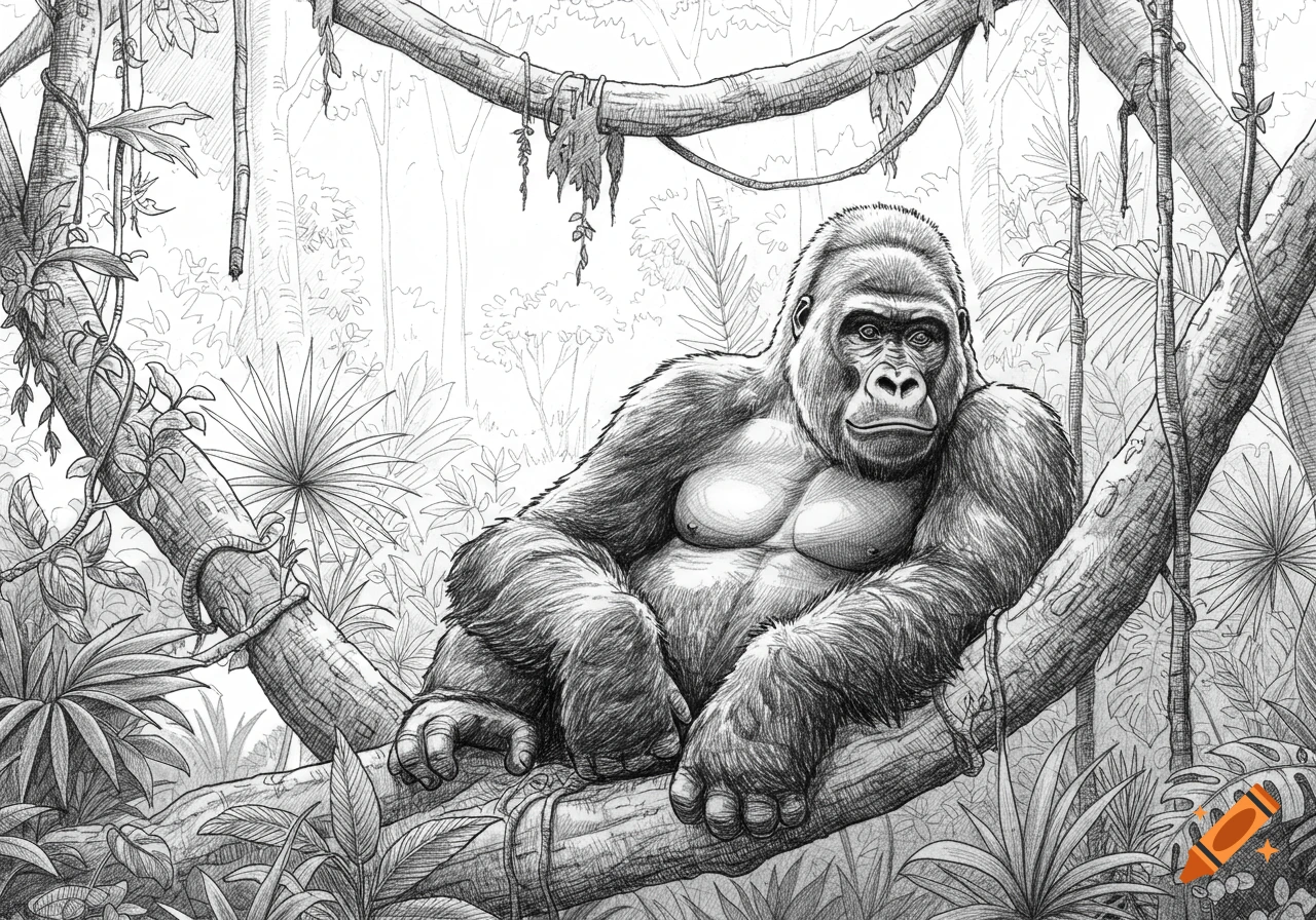 A detailed black and white line art sketch of a gorilla sitting on a thick branch in a dense jungle.
