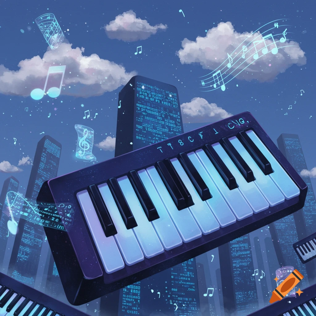 An ethereal cityscape at night with glowing blue skyscrapers and multiple keyboards floating. Luminous musical notes drift in the sky.