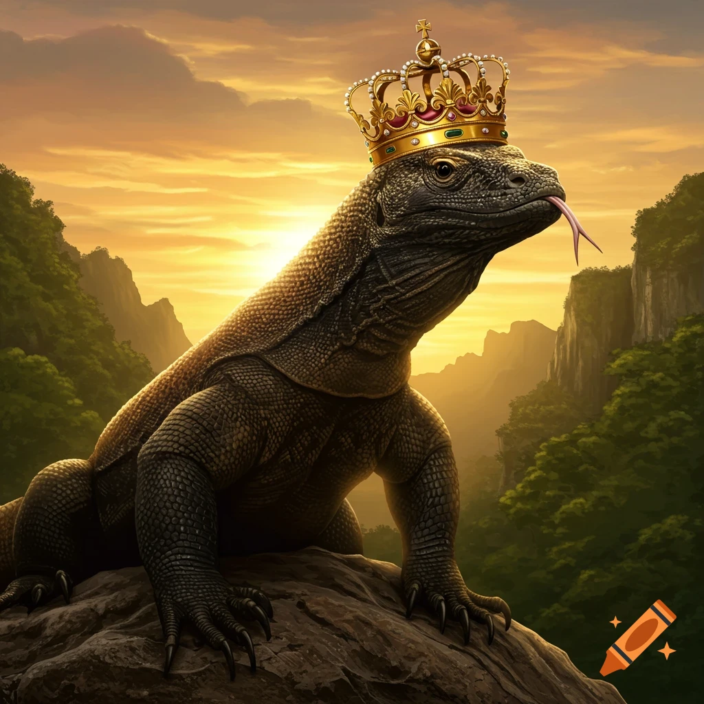 A photorealistic Komodo dragon wearing a golden crown, standing on a rock with a vibrant sunset and mountains in the background.