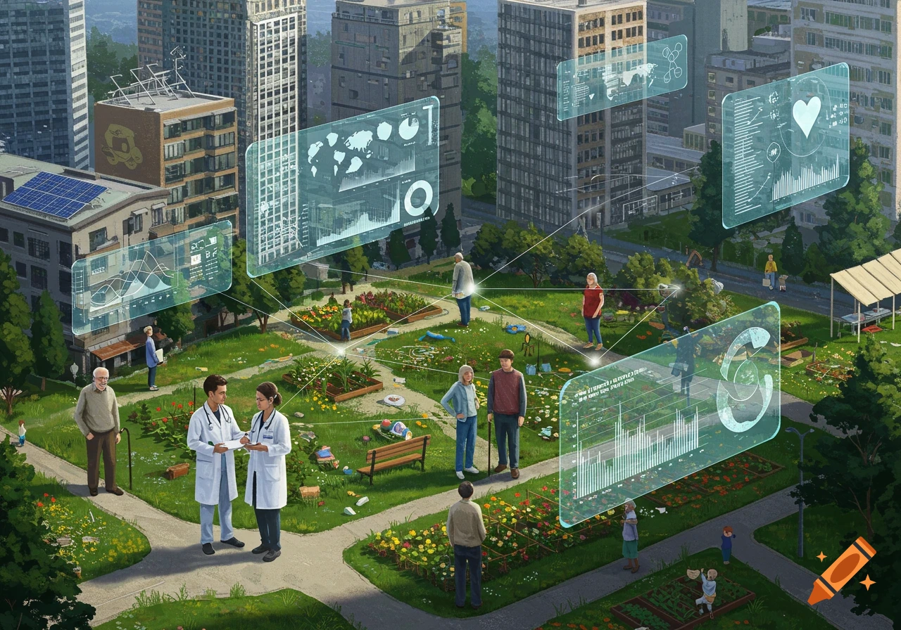 An overhead view of a green city park with gardens and buildings, populated by people and overlaid with several glowing holographic data screens displaying graphs and maps, representing population health.