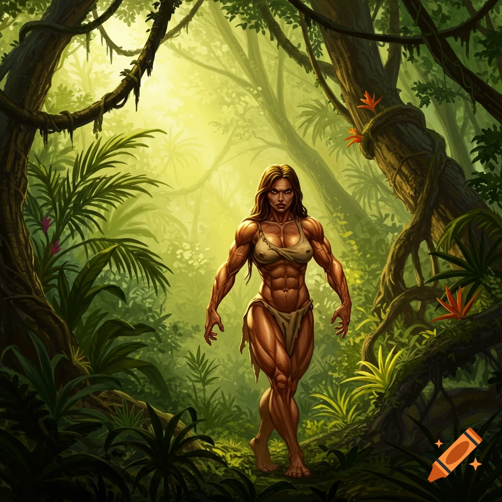 An illustrated muscular woman in a loincloth walks through a lush, sunlit jungle.