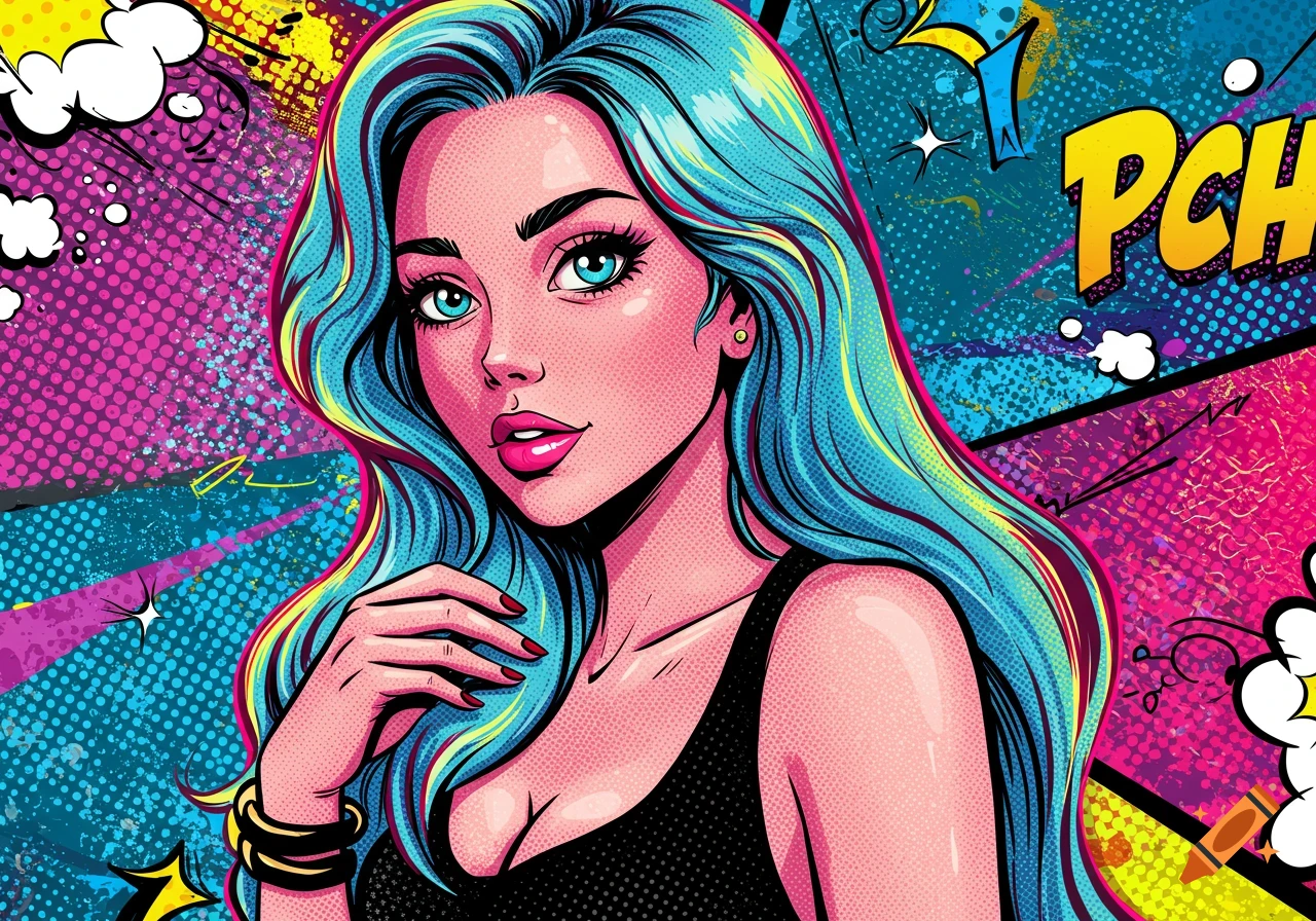 Vibrant pop art portrait of a woman with bright blue hair, pink skin, and exaggerated features, against a colorful comic book background.