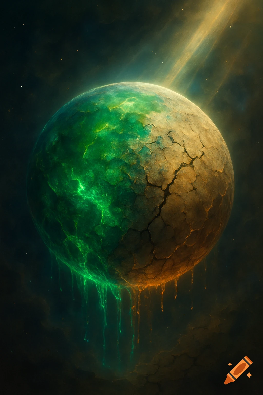 A stylized planet, half glowing green with dripping liquid, half dry cracked earth, in a dark cosmic background with light rays.