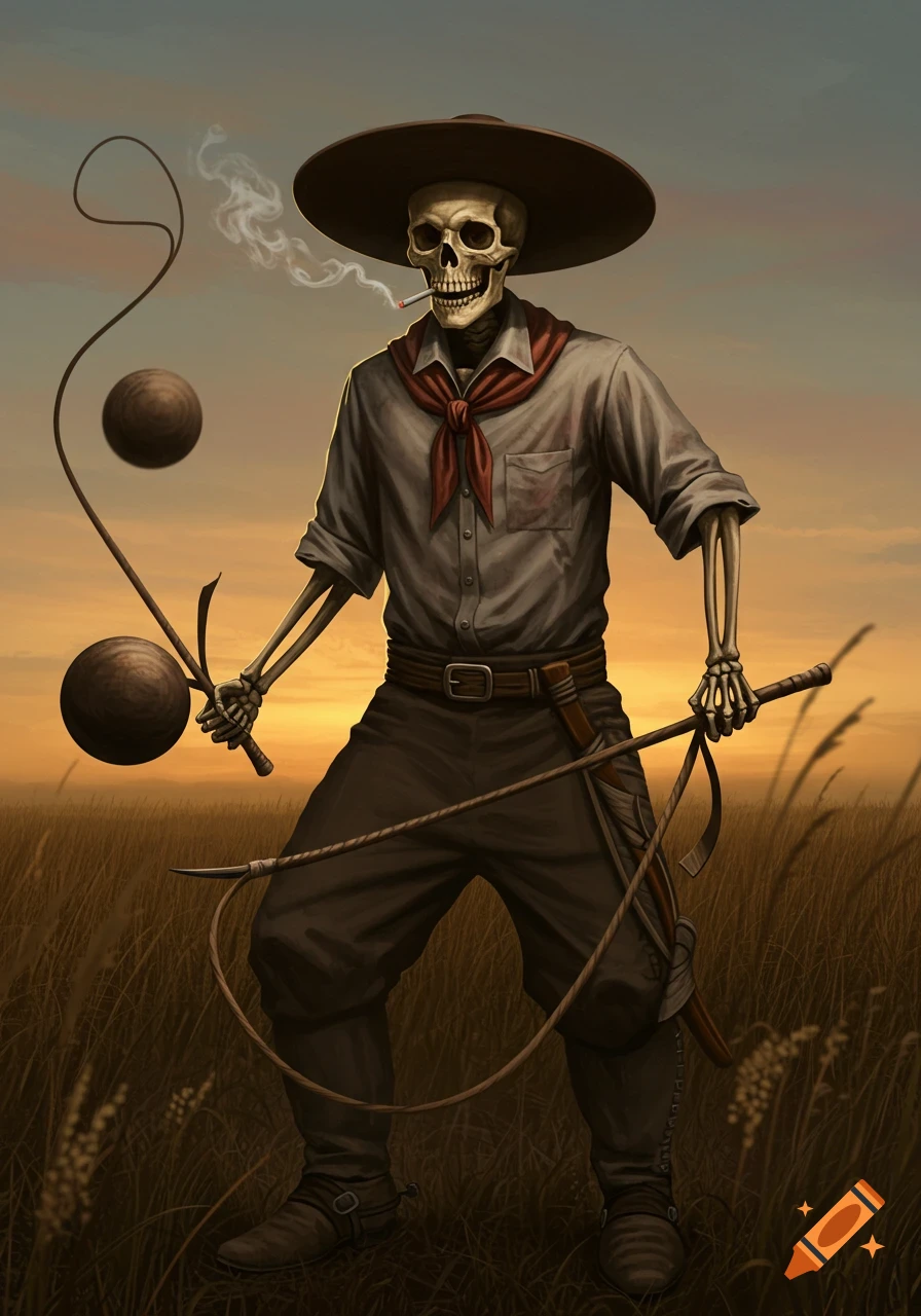 Digital art of a skeleton gaucho in traditional attire, smoking and swinging boleadoras in a pampas landscape at dusk.