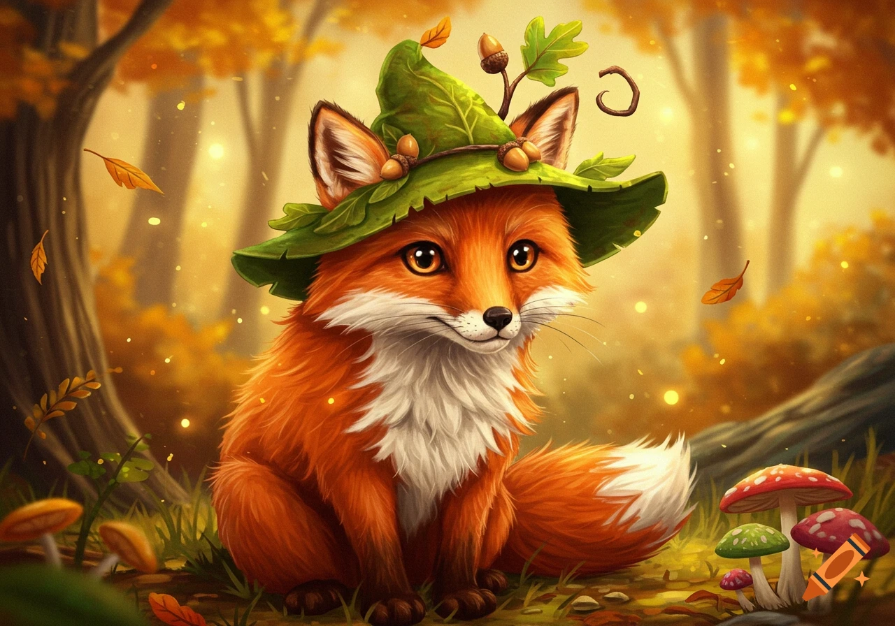 A cute orange fox wearing a green leaf hat sits in a vibrant autumn forest with mushrooms.