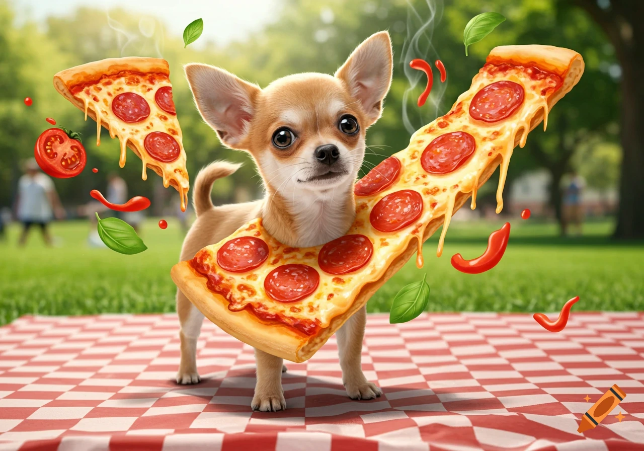 A cute photorealistic chihuahua dog with a pepperoni pizza slice as its body, at a picnic with floating pizza, tomatoes, and herbs.