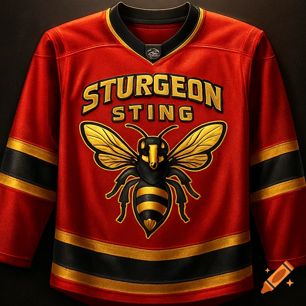 A red hockey jersey with gold and black stripes, featuring a large black and gold bee logo, and "STURGEON STING" text.
