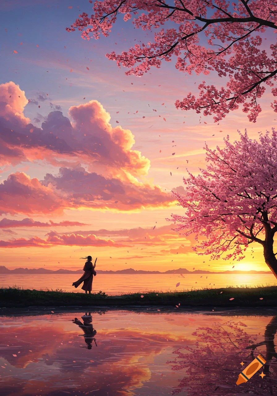 An anime-style landscape at sunset with a lone figure standing by a lake, surrounded by pink cherry blossoms falling from trees.