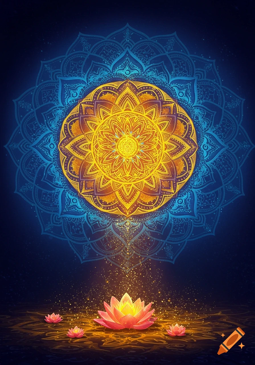 Vibrant yellow and blue mandala above glowing pink lotus flowers with sparkling light on a dark background, spiritual art.
