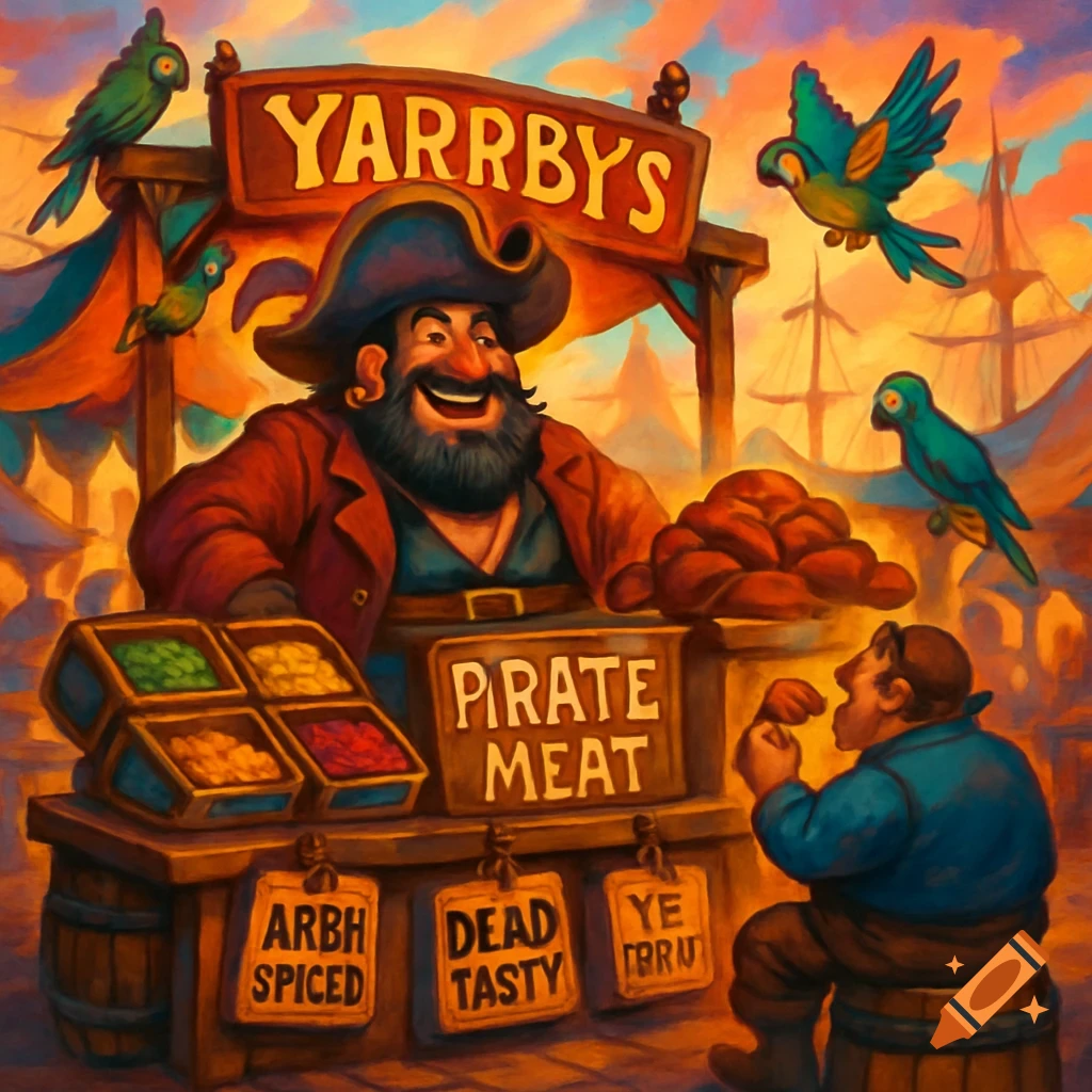 A cartoon pirate with a black beard and a large hat grins behind a market stall selling "YARRBYS PIRATE MEAT" to a customer, with parrots flying around. Stylized art.