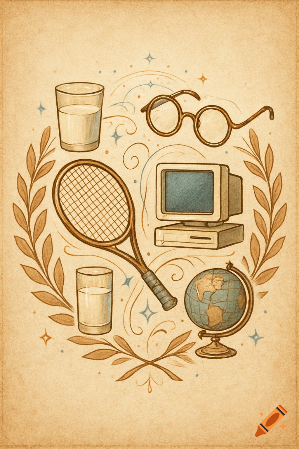 Vintage illustration of a tennis racket, a desktop computer, two glasses of milk, a pair of round glasses, and a globe surrounded by leafy branches on textured paper.