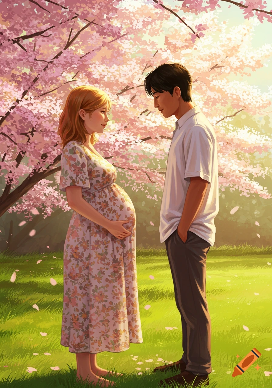A pregnant woman and a man face each other in a blossoming cherry tree park, in a warm, illustrative style.