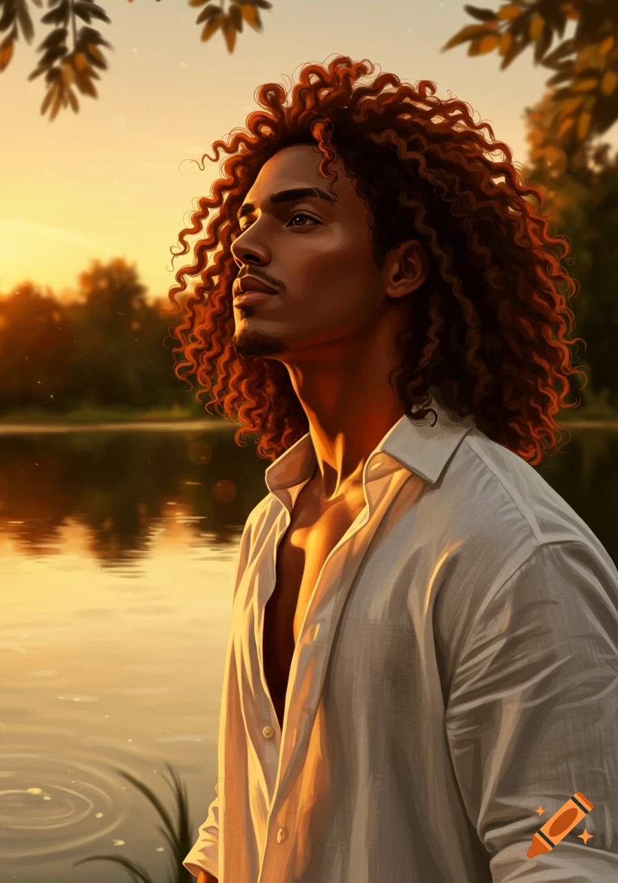 Digital art portrait of a man with voluminous curly red-brown hair in a white open shirt, by a lake at sunset.
