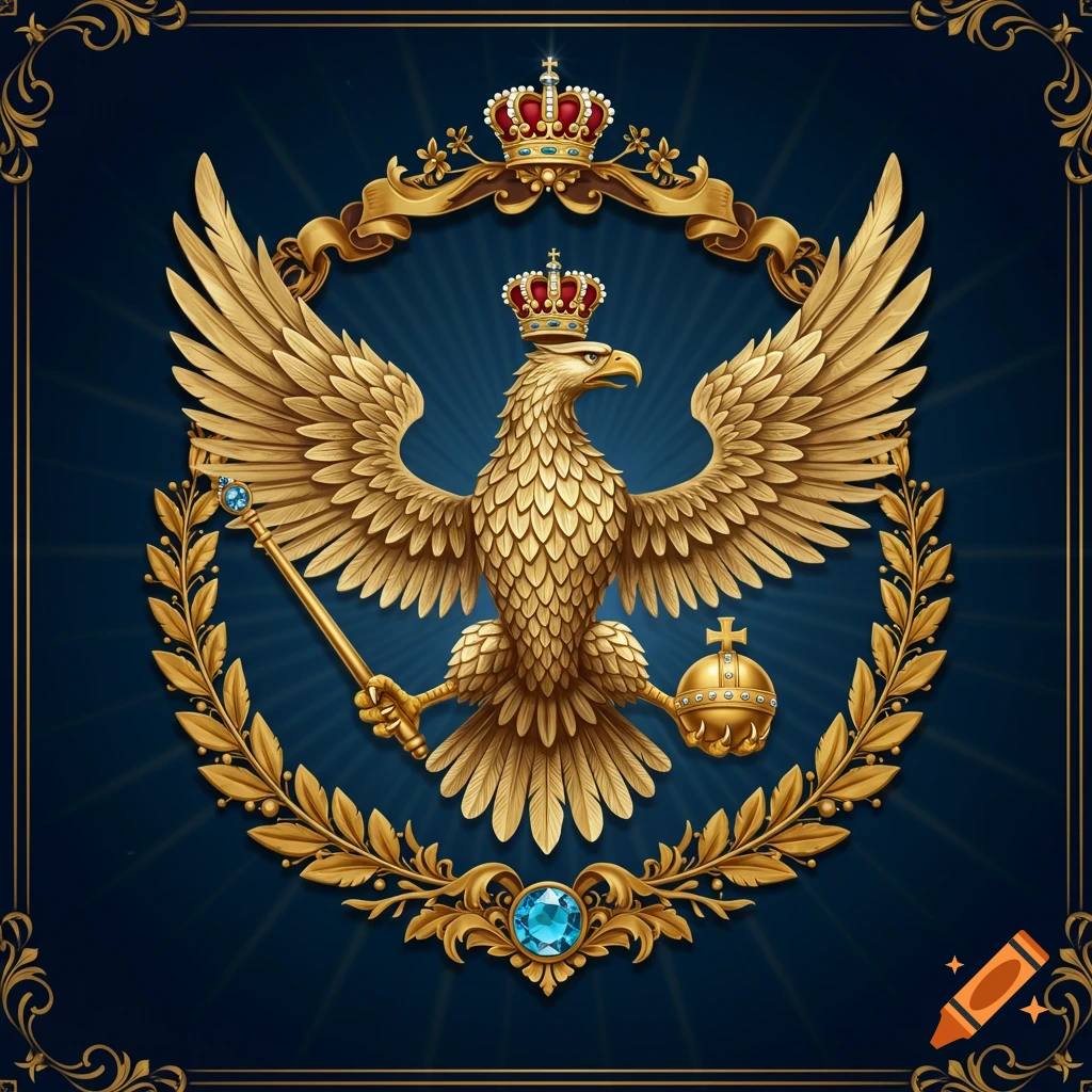 Majestic golden eagle in ornate heraldic style, wearing a crown, holding a scepter and orb, framed by a laurel wreath on a dark blue background.